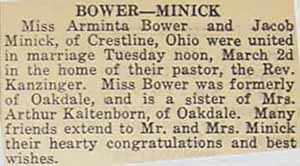 Marriage Notice for Jacob MINICK to Miss Arminta BOWER, Tuesday, March 2, 1920