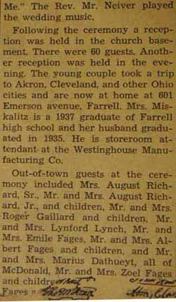 Part 3 Marriage notice for John A. MISKALITZ to Yvonne Charriere, 15 Jun 1940