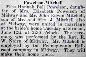 Marriage Notice for John Edwin MITCHELL to Hannah Bell Powelson, 12 Jun 1923