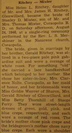 Part 1 Marriage Notice for Stanley D. MIXTER to Helen L. Ritchey, 24 Aug 1946