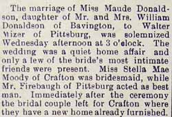 Marriage Notice for Walter MIZER to Maude Donaldson, no date, in 6-12-1908 paper