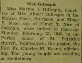 Marriage Notice for Elmer E. NICE to Martha I. Gillespie, 21 Feb 1938