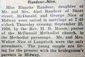 Marriage Notice for George NICE to Blanche Randour, 23 Sep 1926