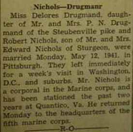 Marriage Notice for Robert NICHOLS to Delores Drugmand, 12 May 1941