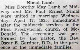 Marriage Notice for Paul Ernest NIMAL to Dorothy May Lamb, 17 Apr 1935