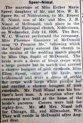 Marriage Notice for Ernest E. NIMAL to Esther Marie Speer, 14 Jul 1926