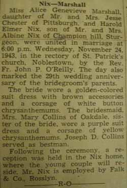 Marriage Notice for Harold Elmer NIX to Alice Genevieve Marshall, 24 Nov 1943