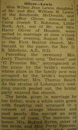 Part 1 Marriage Notice for LeRoy OLIVER to Wilma Jean Lewis, 5 Aug 1943