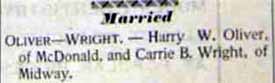 Marriage Notice for Harry W. OLIVER to Carrie B. Wright, no date, in 11-17-1900 paper