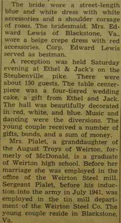 Part 2 Marriage notice for Alfred PIALET to Eunice Pulver, 17 Jul 1942