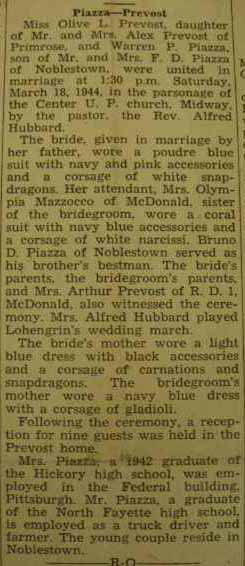 Marriage notice for 
Warren P. PIAZZA to Olive L. Prevost, 18 Mar 1944