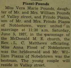 Marriage Notice for Frindo PIAZZA to Vera Marie Pounds, 5 Jun 1937