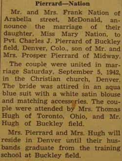 Marriage Notice for Charles J. PIERRARD to Mary Nation, 5 Sep 1942