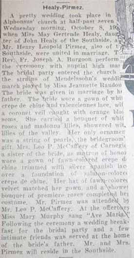 Marriage notice for Henry Leopold PIRMEZ to May Gertrude Healy, 8 Oct 1924