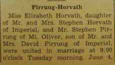 Part 1 Marriage notice for Stephen PIRRUNG to Elizabeth Horvath, 4 Jun 1940