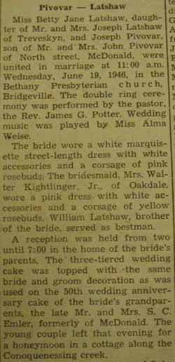 Part 1 Marriage Notice for Joseph PIVOVAR to Betty Jane Latshaw, 19 Jun 1946