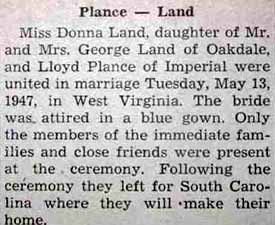 Marriage Notice for Lloyd PLANCE to Donna Land, 13 May 1947