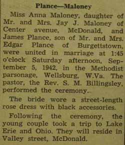 Marriage Notice for James PLANCE to Anna Maloney, 5 Sep 1942