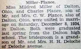 Marriage Notice for Charles PLANCE to Mildred Miller, 8 Dec 1934