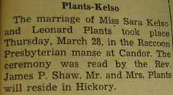 Marriage Notice for Leonard PLANTS to Sara Kelso, 28 Mar 1940
