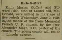 Marriage Notice for Edward RICH to Emily Marian Goffert, 3 Jun 1936