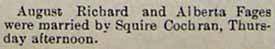 Marriage Notice for August RICHARD to Alberta FOGES, Married Thurs., Jan. (no date), 1906, in Jan 6, 1906 paper