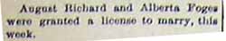 Marriage License for August RICHARD to Alberta FOGES, early January 1906