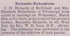 Marriage Notice for J. D. RICHARDS to Mrs. Elizabeth Bubenheim, 25 Mar 1914