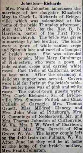 Marriage Notice for Clark L. RICHARDS to Elizabeth May Johnston, 4 May 1922