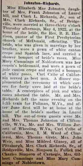 Marriage Notice for Clark L. RICHARDS to Elizabeth May Johnston, 4 May 1922