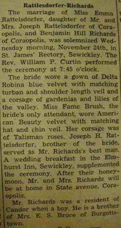 Marriage Notice for Benjamin Hill RICHARDS to Emma Rattelsdorfer, 24 Nov 1937