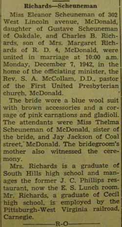 Marriage Notice for Charles B. RICHARDS to Eleanor Scheuneman, 7 Dec 1942