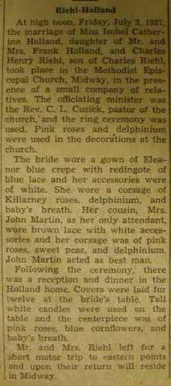 Marriage notice for 
Charles Henry RIEHL to Isobel Catherine Holland, 2 Jul 1937