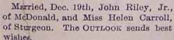 Marriage Notice for John RILEY, Jr. to Helen Carroll, 19 Dec 1905