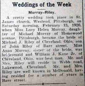 Marriage Notice for Michael J. RILEY to Lucy Helen Murray, 13 Feb 1926