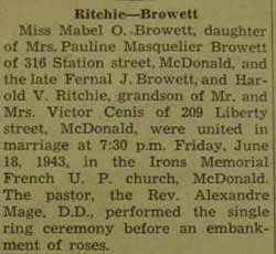 Part 1 Marriage Notice for Harold V. RITCHIE to Mabel O. Browett, 18 Jun 1943