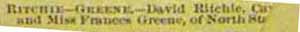 Marriage Notice for David RITCHIE to Frances Greene, no date, in 1-30-1897 paper
