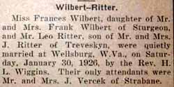 Marriage Notice for Leo RITTER to Frances Wilbert, 30 Jan 1926