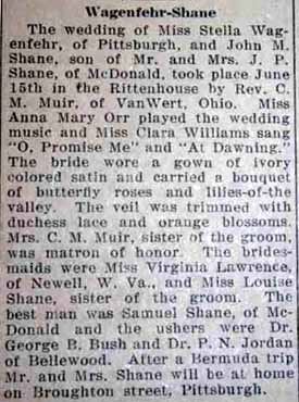 Marriage Notice for John M. SHANE to Stella Wagenfehr, 14 Jun 1927
