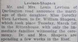 Marriage Notice for William SHAPERA to Dorothy Vera Levison, 1 Mar 1927
