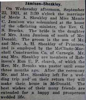 Article 1 Marriage Notice for Merle A. SHEAKLEY to Mamie C. Jamison, 22 Sep 1921