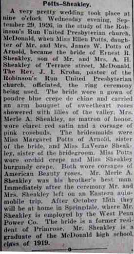 Marriage Notice for Ernest R. SHEAKLEY to Ellen Potts, 29 Sep 1926