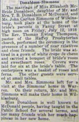 Marriage Notice for John Carlton SIMMONS to Elizabeth McBride Donaldson, 12 Jul 1918