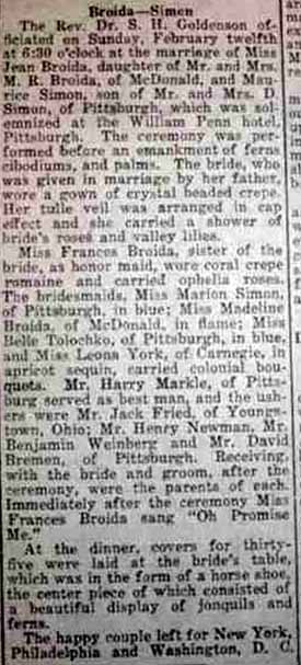 Marriage Notice for Maurice SIMON to Jean Broida, 12 Feb 1922