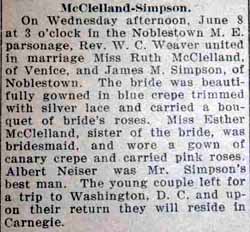Marriage Notice for James M. SIMPSON to Ruth McClelland, 8 Jun 1927
