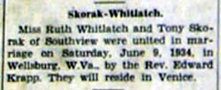 Wedding Announcement for Tony SKORAK to Ruth Whitlatch, 9 Jun 1934
