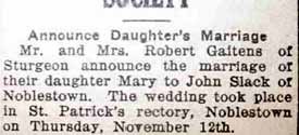 Marriage Notice for John SLACK to Mary Gaitens, 12 Nov 1925