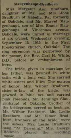 Part 1 Marriage Notice for Marvel SLAUGENHAUPT to Margaret Ann Bradburn, 13 Sep 1939