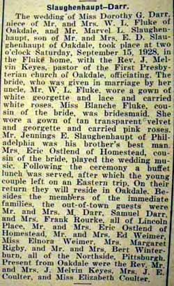 Marriage Notice for  Marvel L. SLAUGHENHAUPT to Dorothy G. Darr, 15 Sep 1928