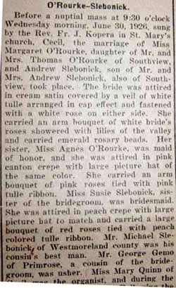 Part 1 Marriage Notuce for Andrew SLEBONICK to Margaret O'Rourke, 30 Jun 1926